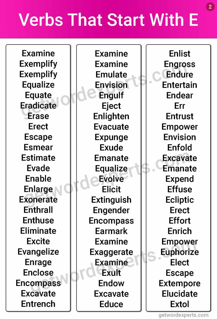 verbs that start with e image