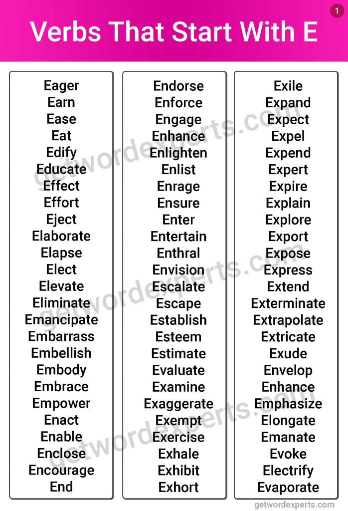 verbs that start with e image