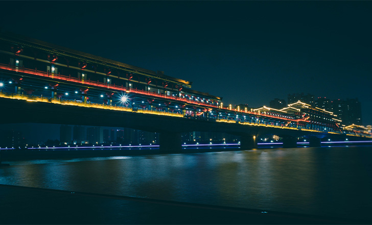 Xianyang, Shaanxi, China-Illuminated Bridge Over the River During Night Time